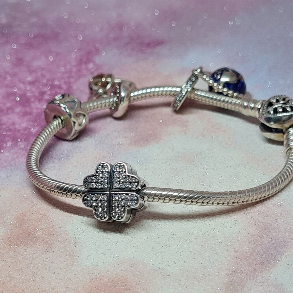 Lucky clover zircon clip charm 925 sterling silver sparkling bracelet jewelry lucky bead gift
