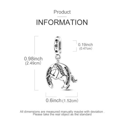 Jewelry charm with horse design and measurements on a white background