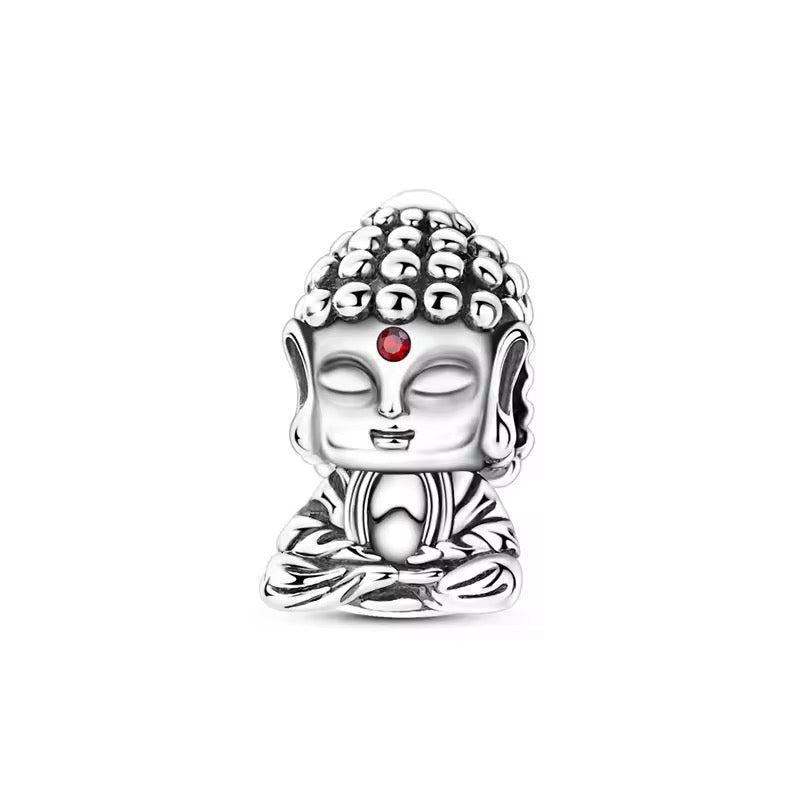 Meditating Buddha charm 925 sterling silver with red zirconia spiritual bead jewelry gift accessory
