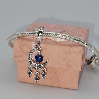 Moon dreamcatcher charm 925 sterling silver with blue and clear zirconia celestial jewelry gift