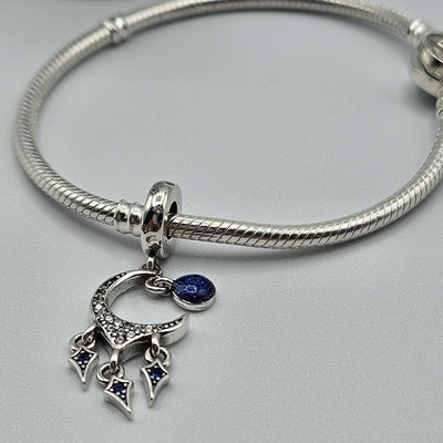 Moon dreamcatcher charm 925 sterling silver with blue and clear zirconia celestial jewelry gift