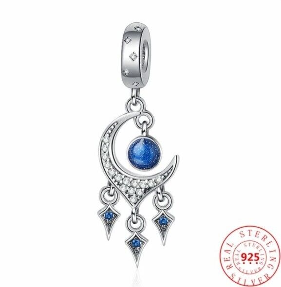 Moon dreamcatcher charm 925 sterling silver with blue and clear zirconia celestial jewelry gift