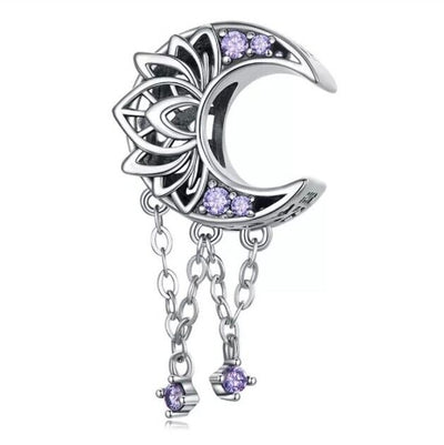 Moon lotus dreamcatcher charm 925 sterling silver with light purple zirconia celestial jewelry gift