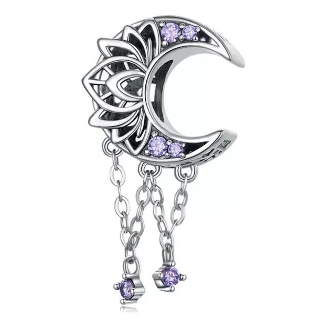Moon lotus dreamcatcher charm 925 sterling silver with light purple zirconia celestial jewelry gift