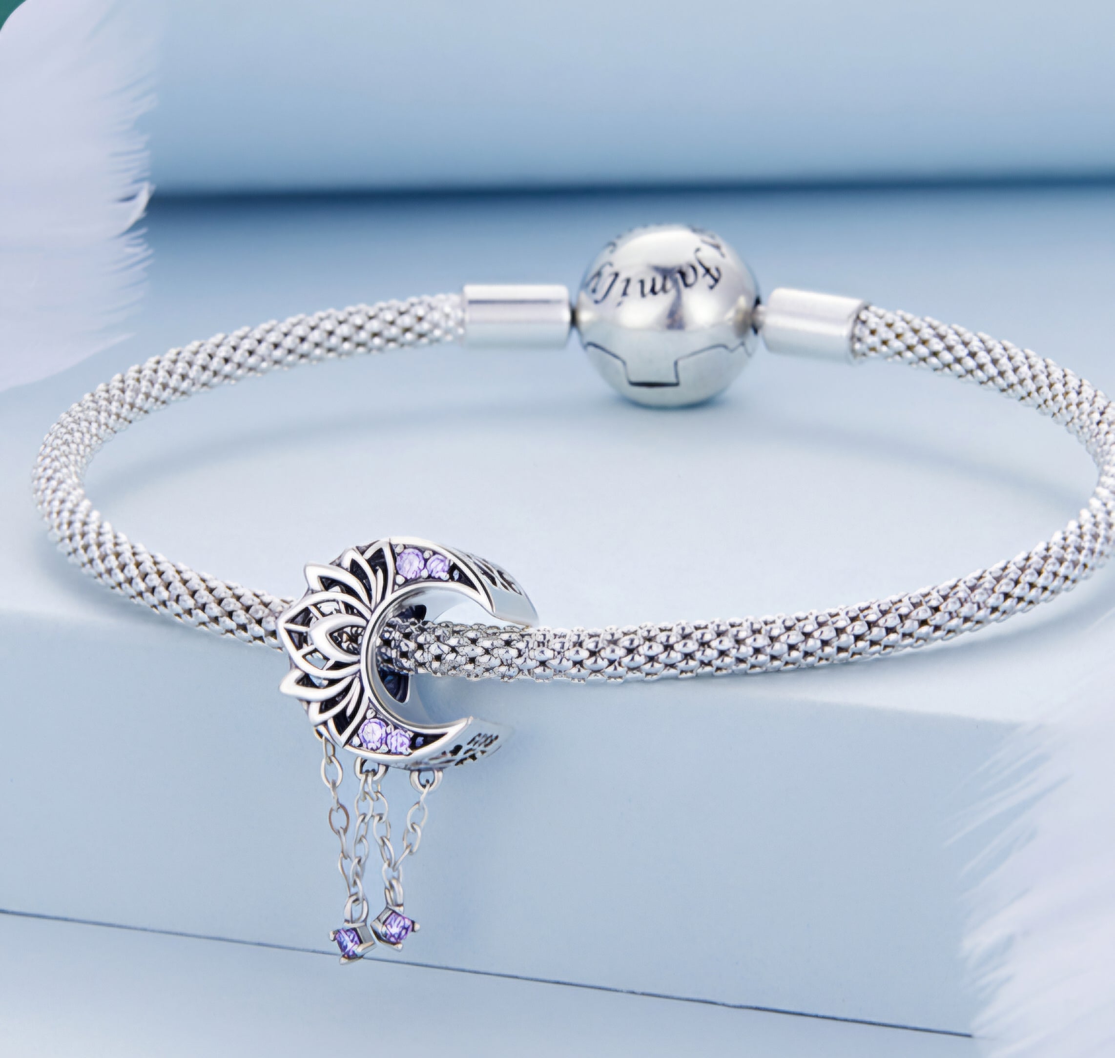 Moon lotus dreamcatcher charm 925 sterling silver with light purple zirconia celestial jewelry gift