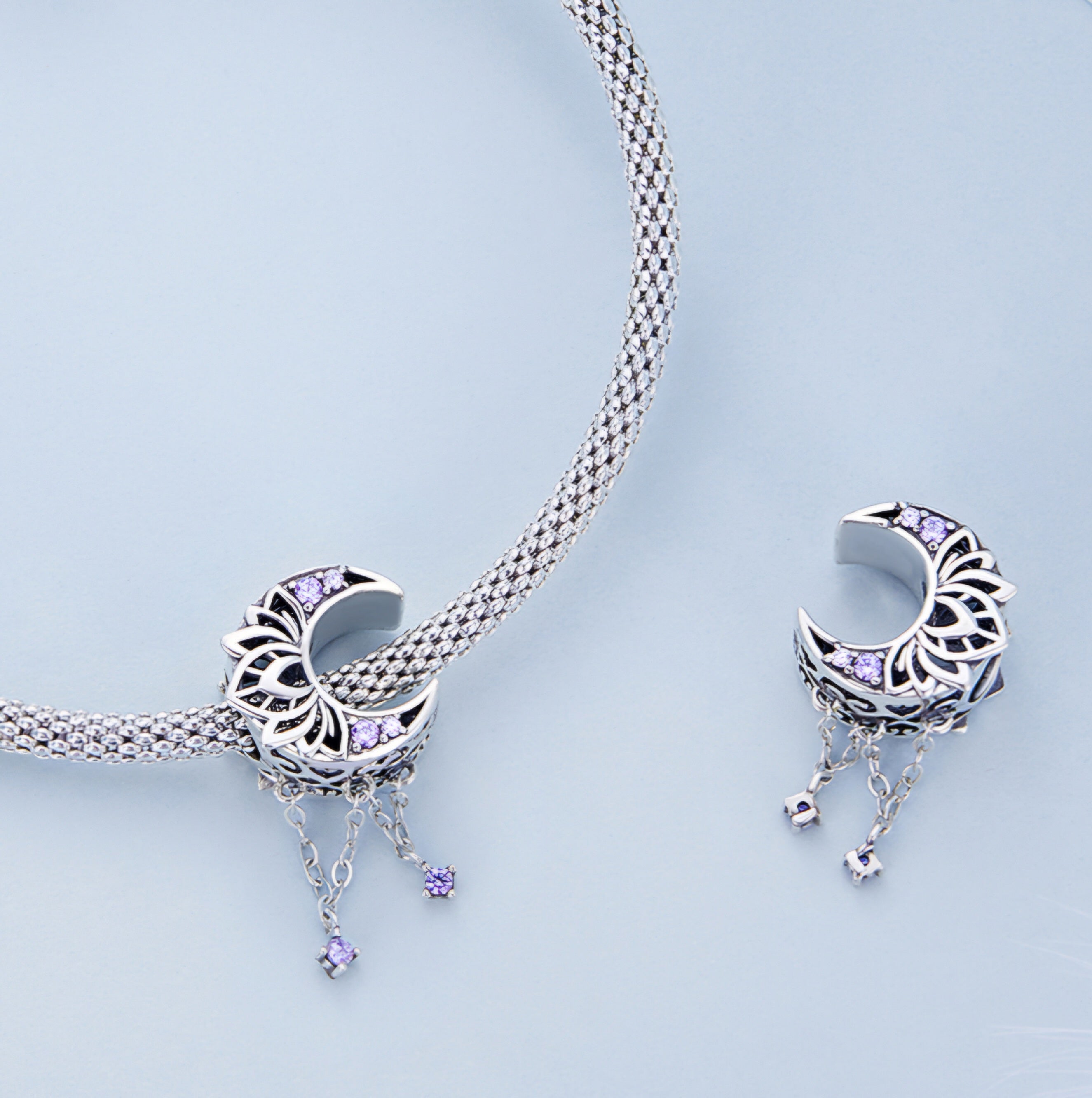 Moon lotus dreamcatcher charm 925 sterling silver with light purple zirconia celestial jewelry gift