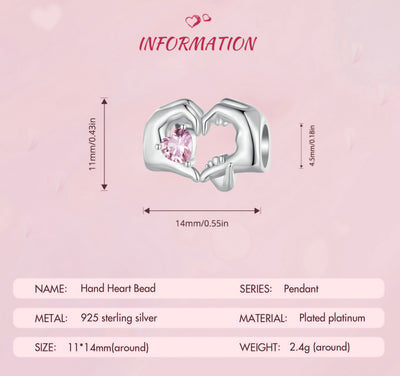 Silver charm with mother and child hands forming heart holding pink crystal bead for bracelet