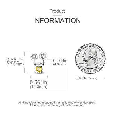 Mouse yellow zirconia heart bead charm 925 sterling silver cute animal jewelry gift accessory