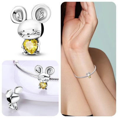Mouse yellow zirconia heart bead charm 925 sterling silver cute animal jewelry gift accessory