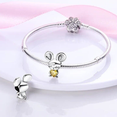 Mouse yellow zirconia heart bead charm 925 sterling silver cute animal jewelry gift accessory