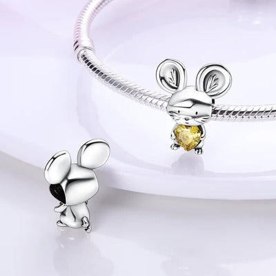 Mouse yellow zirconia heart bead charm 925 sterling silver cute animal jewelry gift accessory