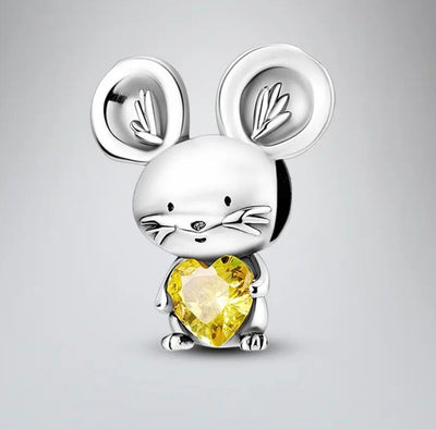 Mouse yellow zirconia heart bead charm 925 sterling silver cute animal jewelry gift accessory