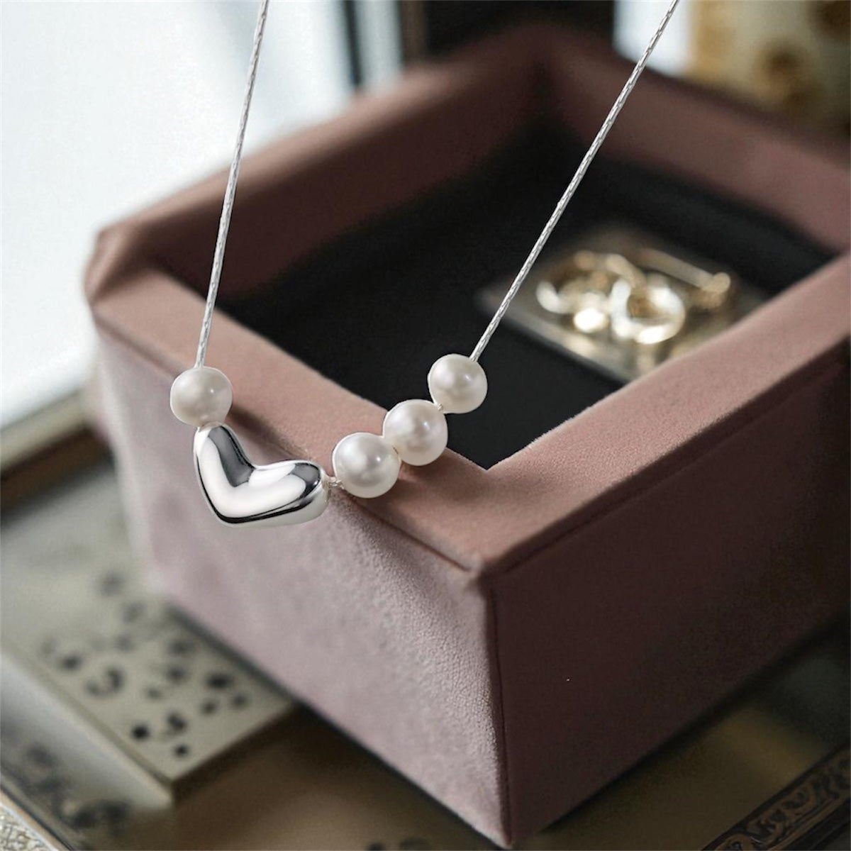 Asymmetric Love Necklace – Silver Heart with Pearls