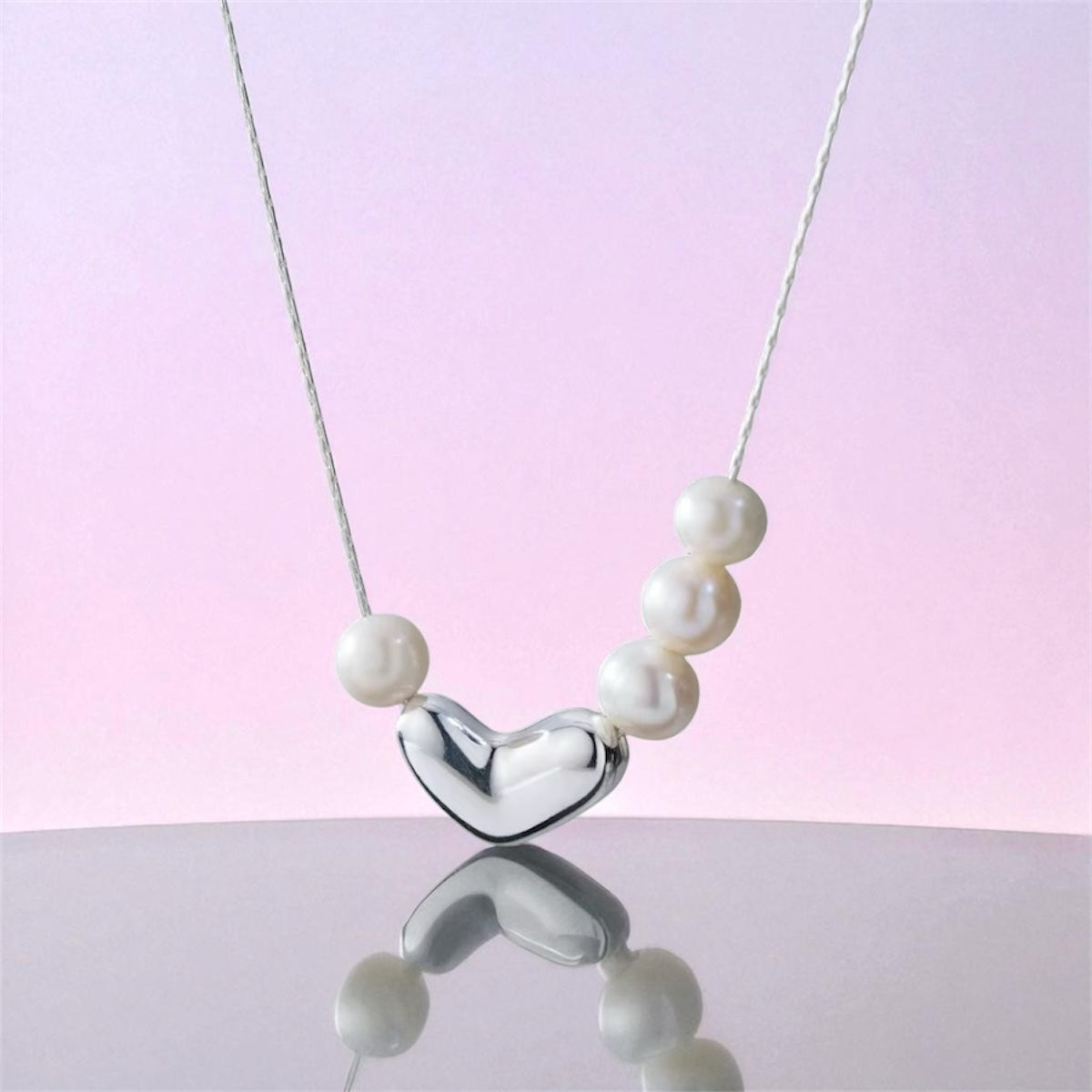 Asymmetric Love Necklace – Silver Heart with Pearls