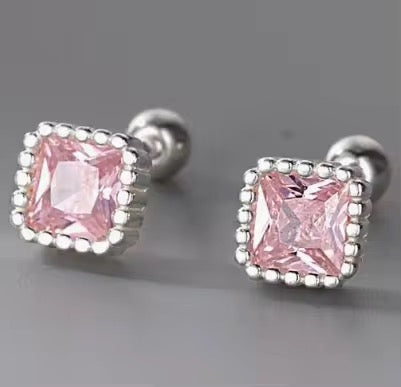 Pink Square Zircon Stud Earrings
