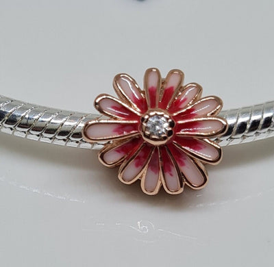 Pink daisy flower charm 925 sterling silver bead with zirconia floral jewelry feminine gift accessory