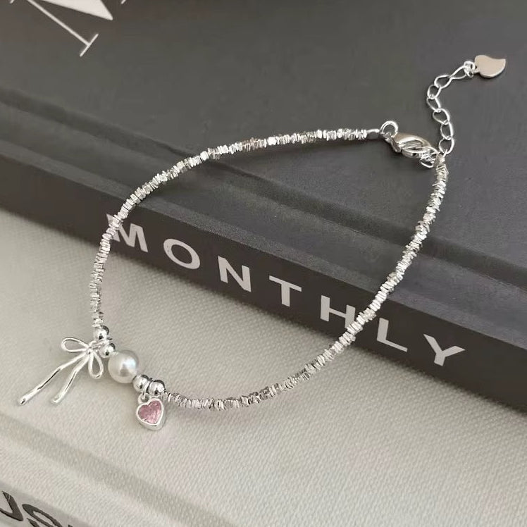 Pink heart bow bracelet 925 sterling silver with pearl and pink zircon charm feminine jewelry gift