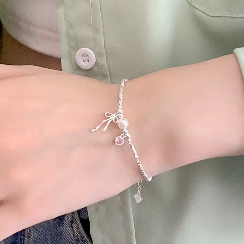 Pink heart bow bracelet 925 sterling silver with pearl and pink zircon charm feminine jewelry gift