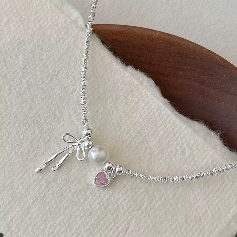 Pink heart bow necklace 925 sterling silver with pearl and pink zircon pendant feminine jewelry gift