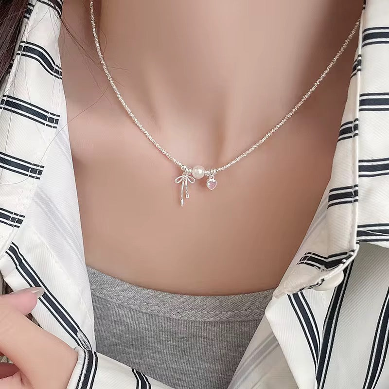 Pink heart bow necklace 925 sterling silver with pearl and pink zircon pendant feminine jewelry gift
