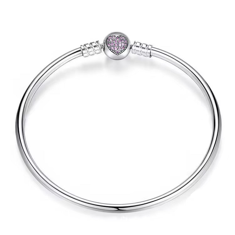 Pink sparkle charm bracelet 925 sterling silver elegant bangle jewelry minimal feminine
