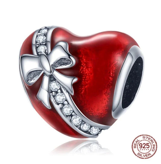 Red Love Heart With Zirconia Bow Charm