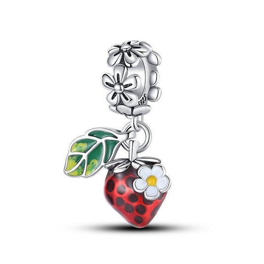 Red Strawberry With Flower Dangle Charm