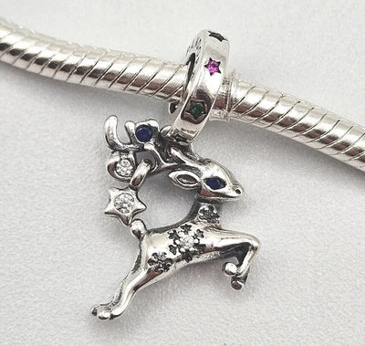 Rudolph reindeer dangle charm 925 sterling silver with zirconia festive Christmas jewelry gift