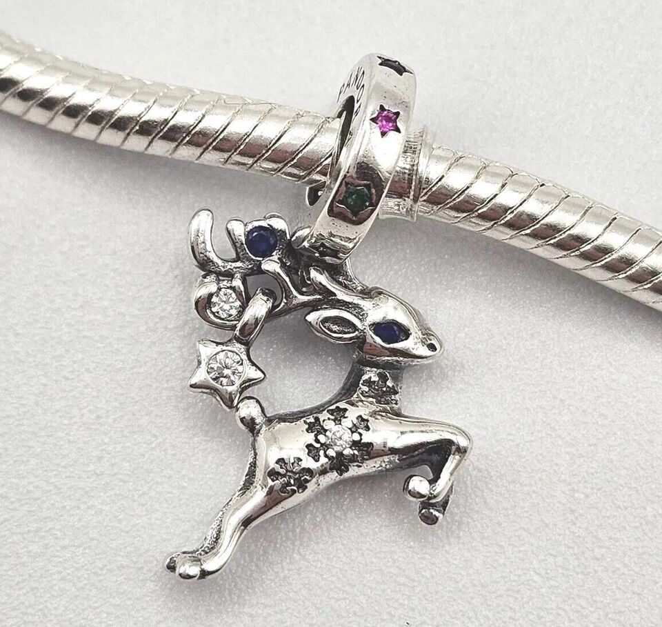 Rudolph reindeer dangle charm 925 sterling silver with zirconia festive Christmas jewelry gift