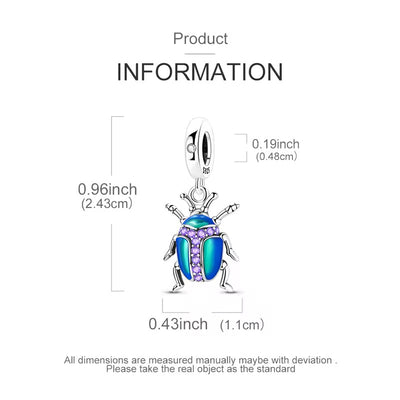 Scarab beetle dangle charm with dimensions labeled on a white background