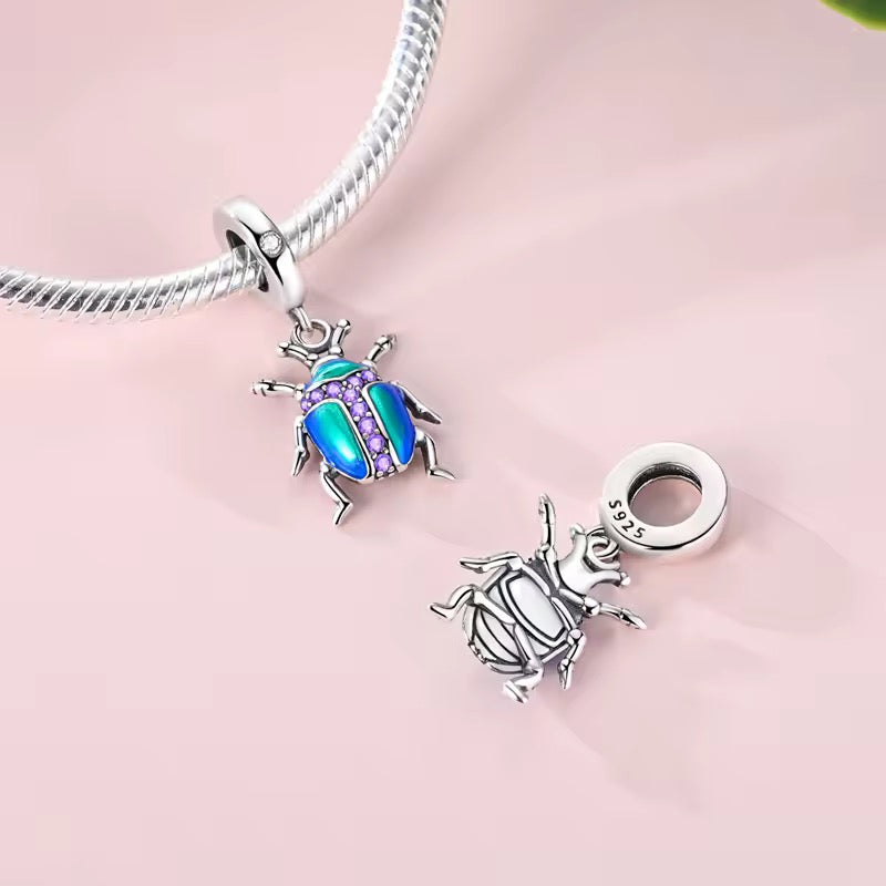 Scarab beetle dangle charm 925 sterling silver with blue green enamel and purple zirconia stones