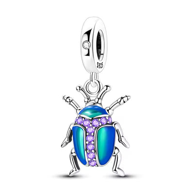 Scarab beetle dangle charm 925 sterling silver with blue green enamel and purple zirconia stones