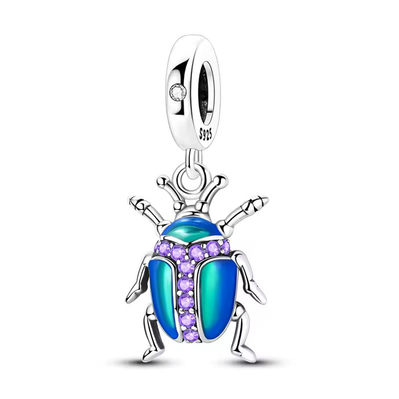 Scarab beetle dangle charm 925 sterling silver with blue green enamel and purple zirconia stones