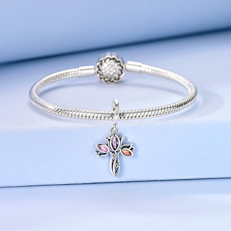 925 sterling silver Celtic cross charm with colourful crystal stones