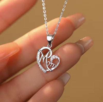 Silver Mom Heart Necklace with Sparkling Crystal