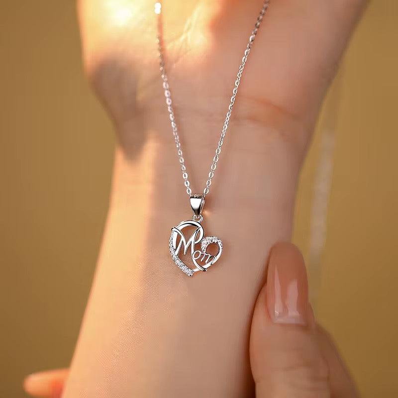 Silver Mom Heart Necklace with Sparkling Crystal - bellissi