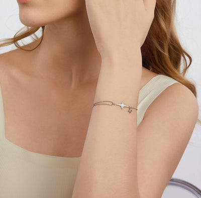 925 sterling silver double chain bracelet with sparkling star centerpiece and small dangling star charm
