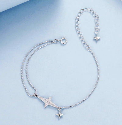 925 sterling silver double chain bracelet with sparkling star centerpiece and small dangling star charm