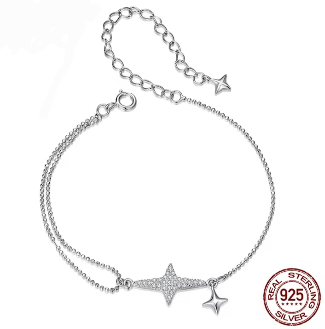 925 sterling silver double chain bracelet with sparkling star centerpiece and small dangling star charm