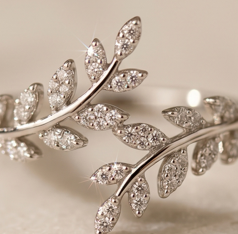 Silver tiara with leaf design and clear gemstones on a beige background