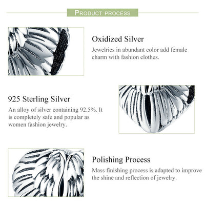 Silver angel wings heart charm bead with detailed feather design for Pandora style bracelets