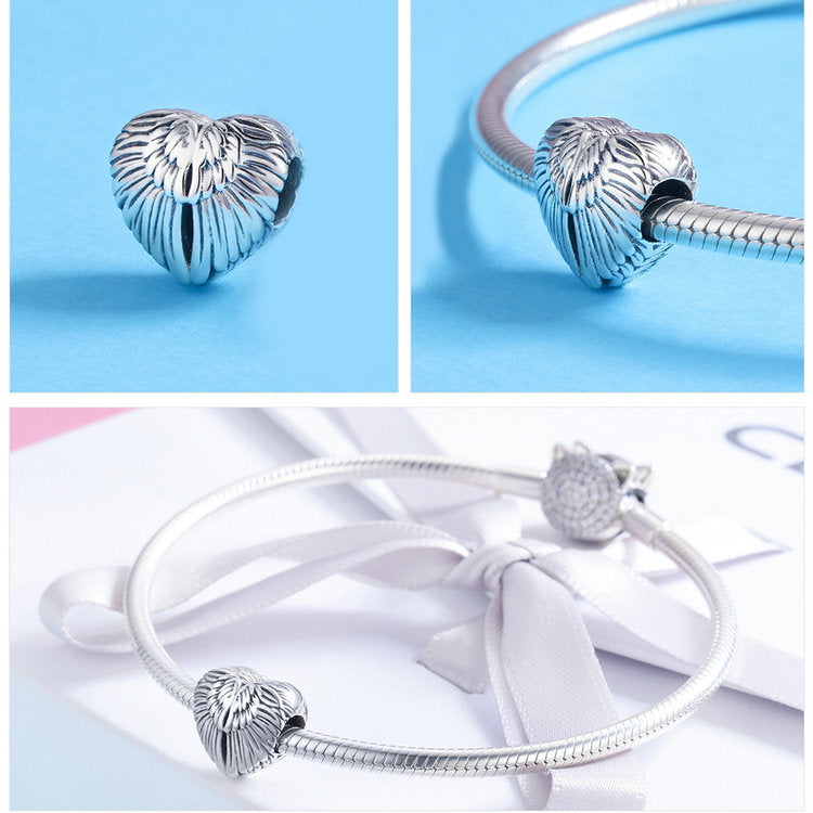 Silver angel wings heart charm bead with detailed feather design for Pandora style bracelets