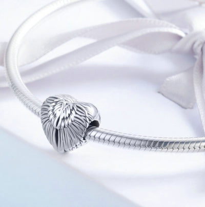 Silver angel wings heart charm bead with detailed feather design for Pandora style bracelets
