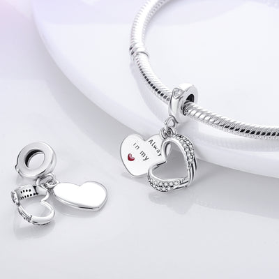 Silver heart dangle charm with angel wings and sparkling stones romantic love bead