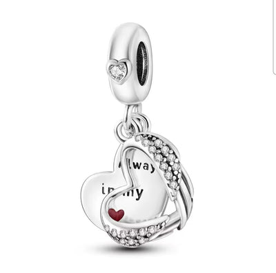 Silver heart dangle charm with angel wings and sparkling stones romantic love bead