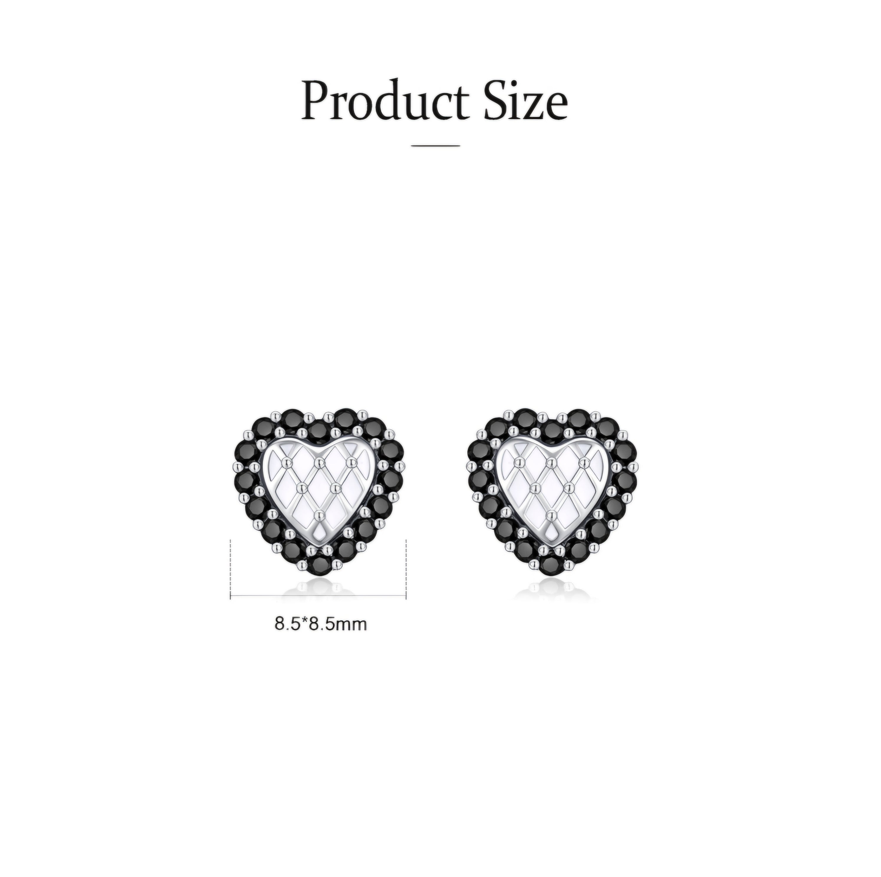 Silver heart stud earrings with black crystal border and white quilted center