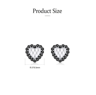 Silver heart stud earrings with black crystal border and white quilted center