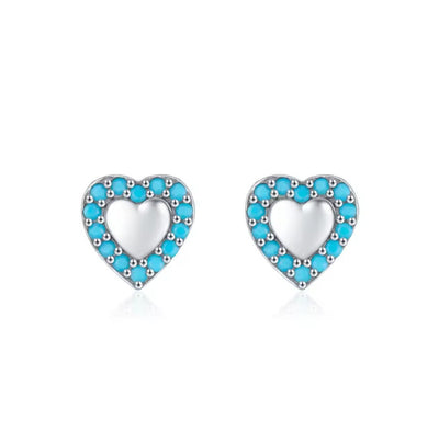 Silver heart stud earrings with turquoise stone detailing