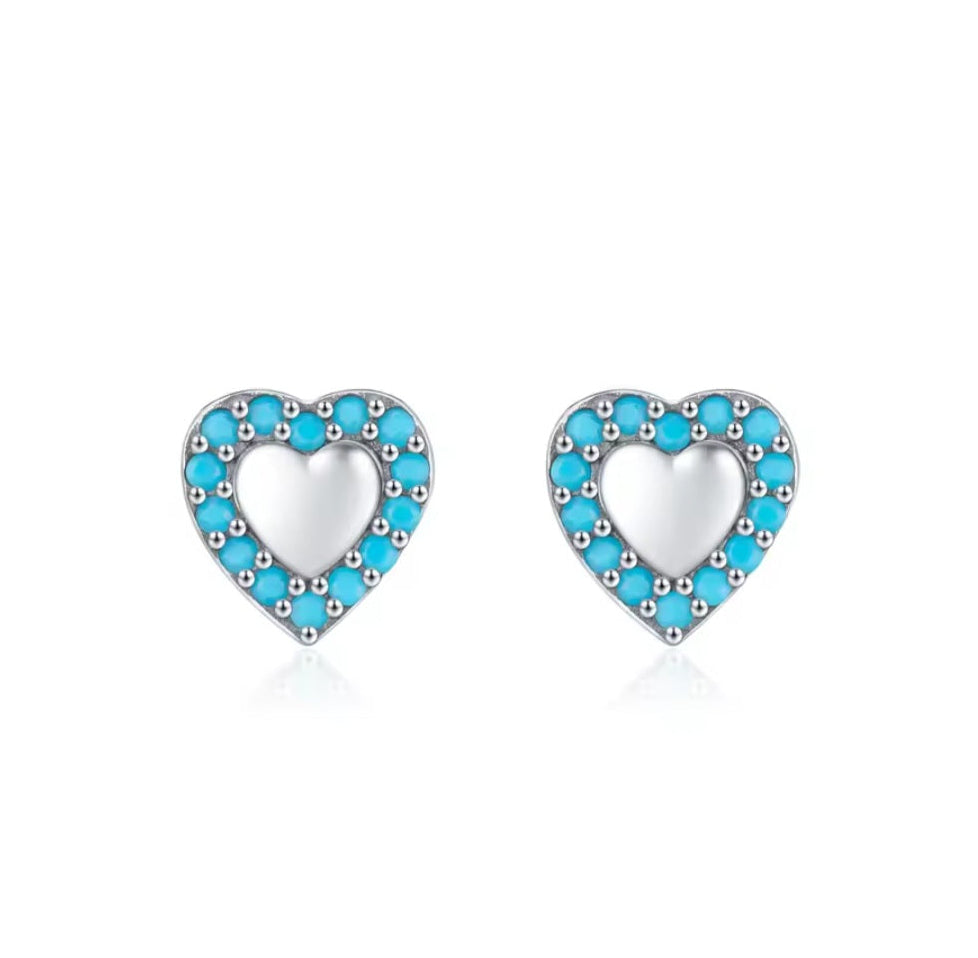 Silver heart stud earrings with turquoise stone detailing