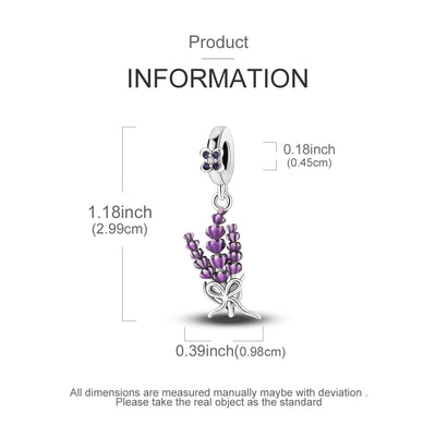 Sterling silver lavender flower dangle charm with purple enamel petals and crystal detail.